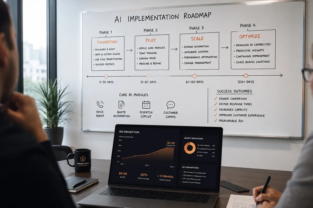 AI consulting strategy session with implementation roadmap and ROI projections on whiteboard