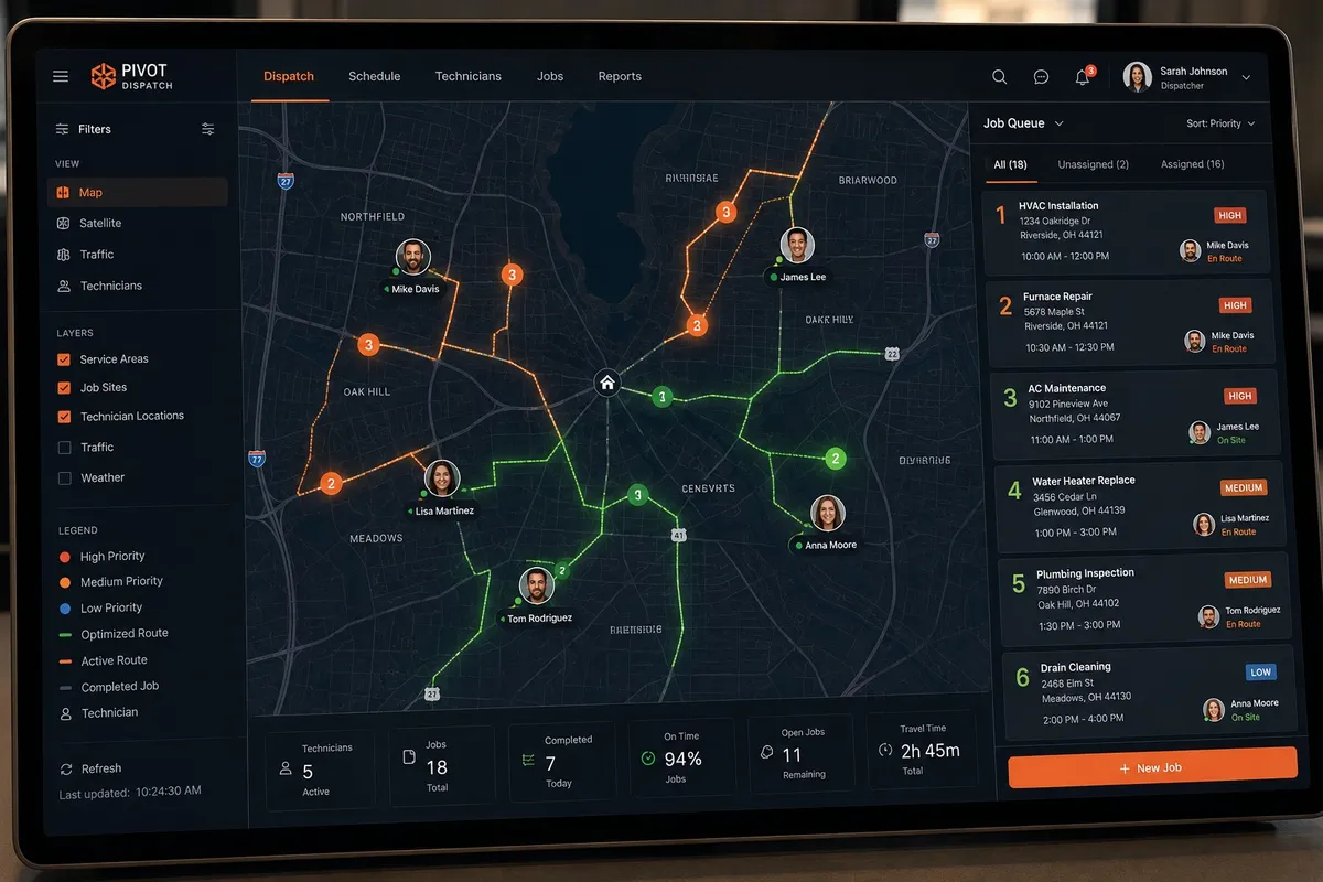 AI dispatcher copilot showing optimized service routes and automated job assignment on dispatch board