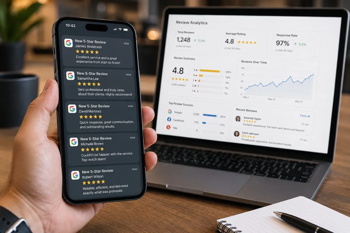 AI-driven review reactivation system showing automated review requests and 5-star customer responses