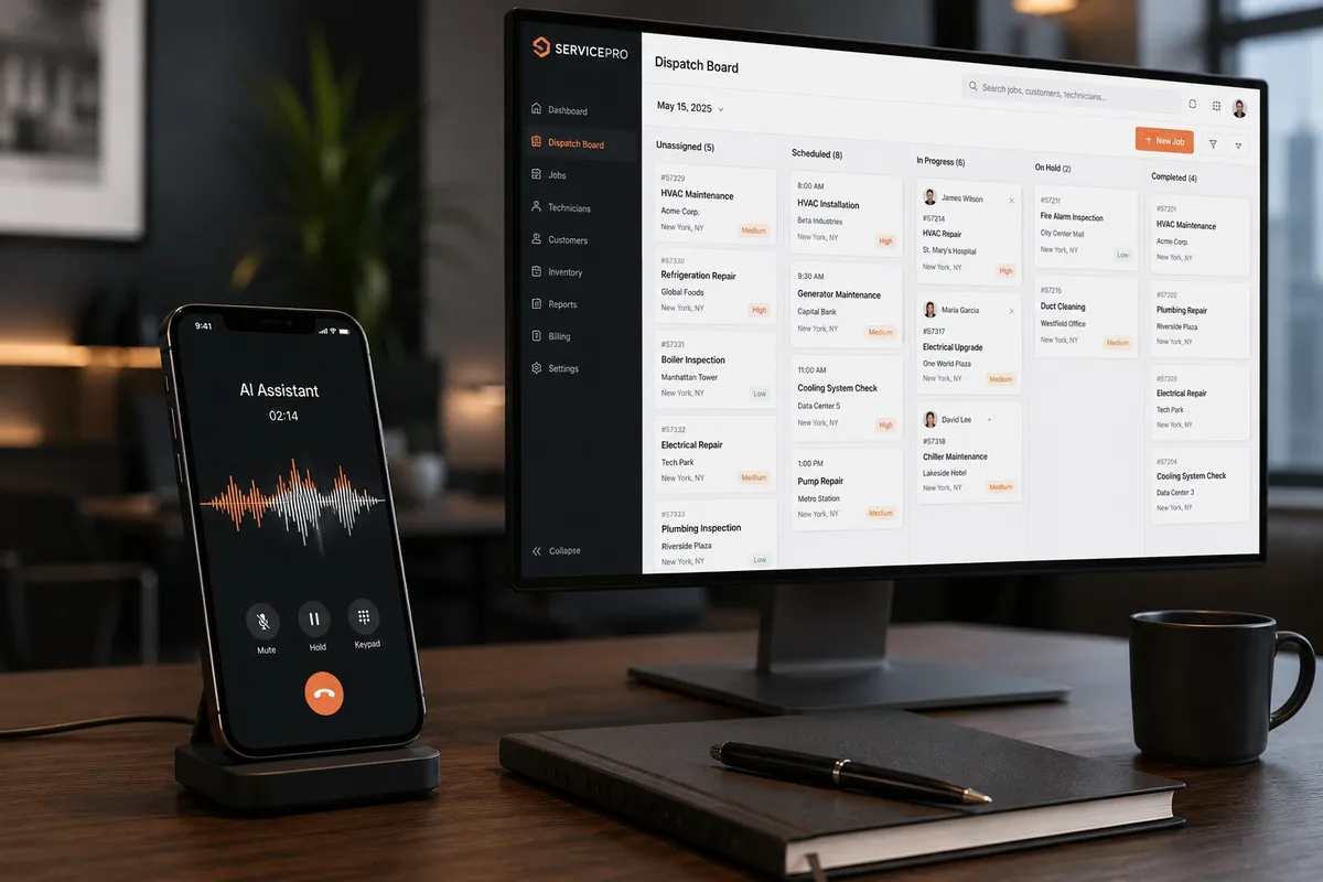 AI voice agent answering service calls 24/7, integrated with dispatch board for automated scheduling